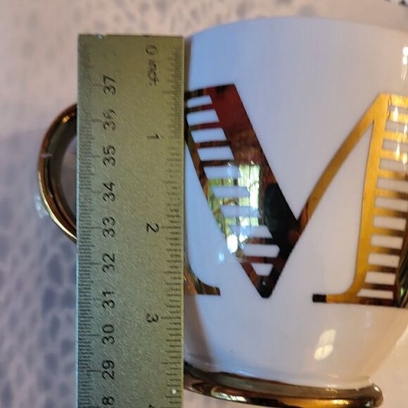 NEW Ciroa Vintage Monogram "M" Initial Porcelain Gold Accents Footed Coffee Mug - Picture 3 of 4